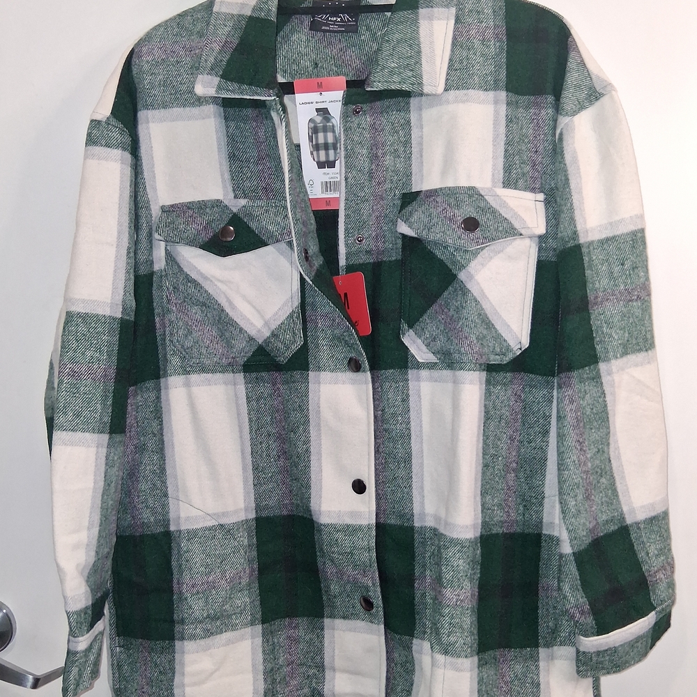 HFX Shirt Jacket: Plaid: Green,Red & White/ Yellow, White &Black